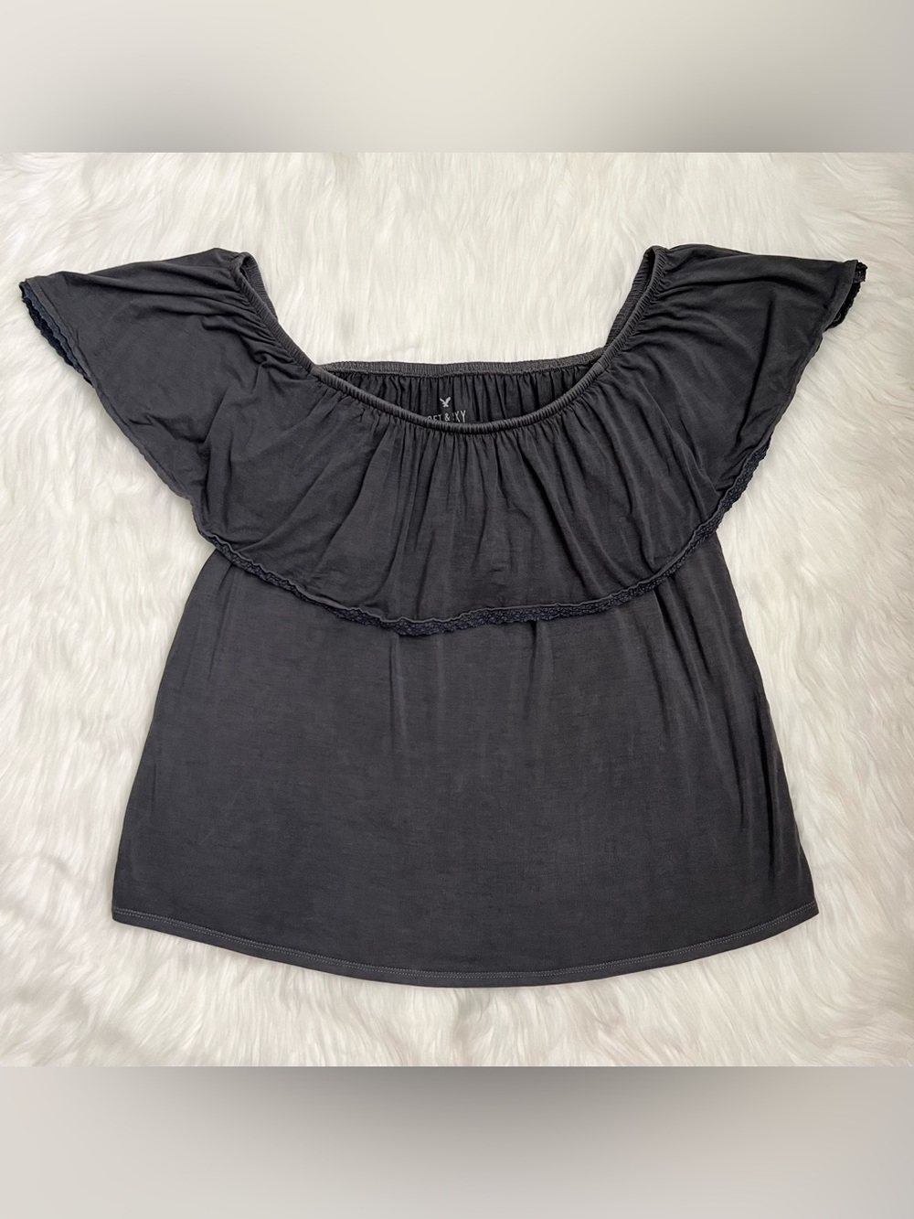 American Eagle Gray Ruffle Off The Shoulder Top